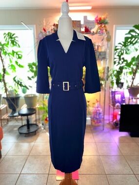 Grace Karin Sz M Classic Navy Belted Sheath Dress
